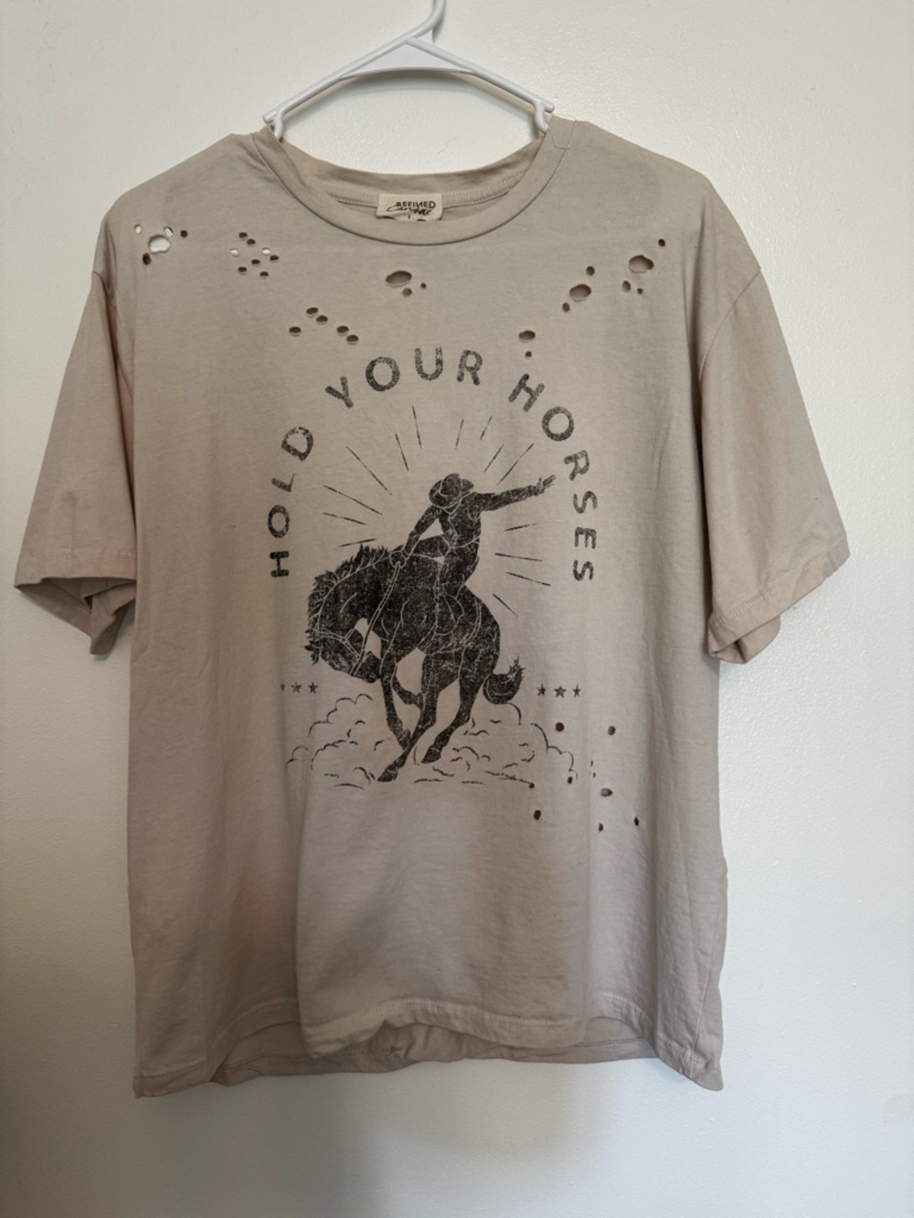Distressed 'Hold Your Horses' Graphic Tee - Beige